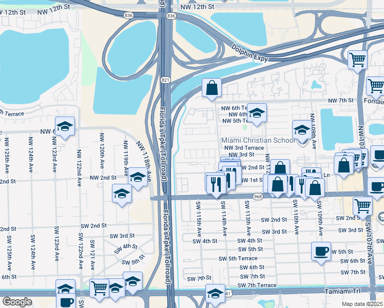 map of restaurants, bars, coffee shops, grocery stores, and more near 336 Northwest 114th Avenue in Miami