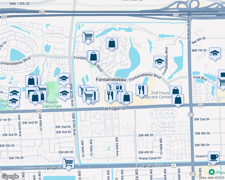 map of restaurants, bars, coffee shops, grocery stores, and more near 9320 Fontainebleau Boulevard in Miami