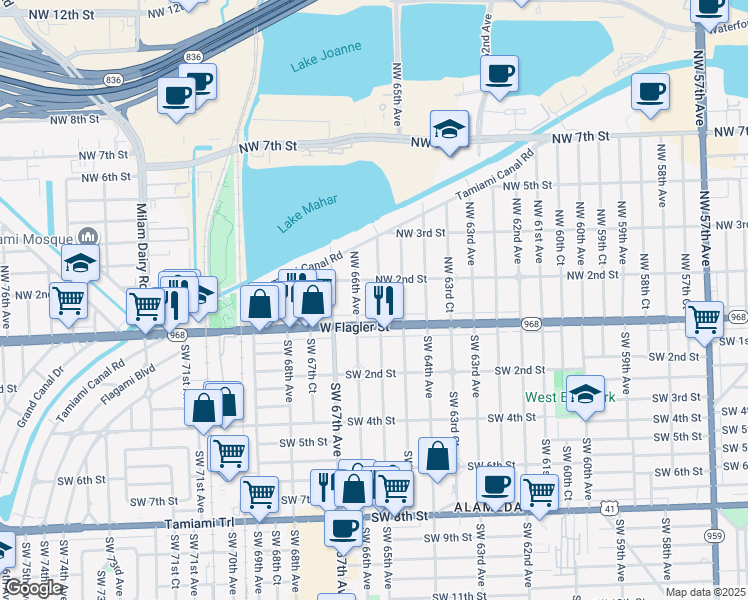 map of restaurants, bars, coffee shops, grocery stores, and more near 48 Northwest 65th Avenue in Miami