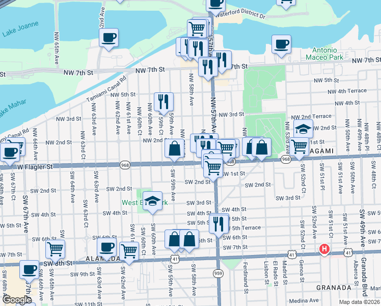 map of restaurants, bars, coffee shops, grocery stores, and more near 37 Northwest 58th Court in Miami