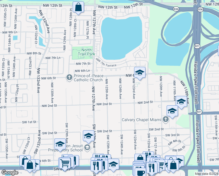map of restaurants, bars, coffee shops, grocery stores, and more near 411 Northwest 125th Avenue in Miami