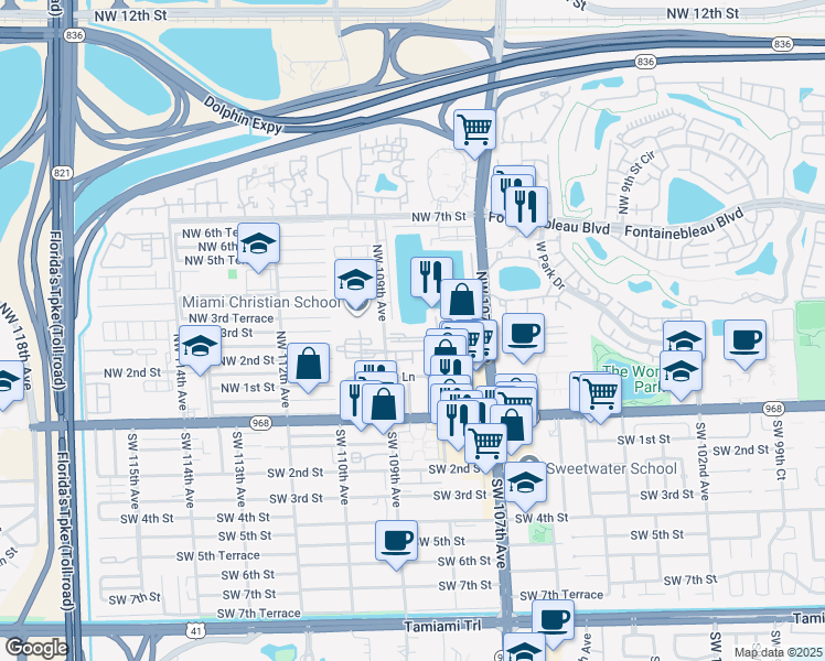 map of restaurants, bars, coffee shops, grocery stores, and more near 315 Northwest 109th Avenue in Miami