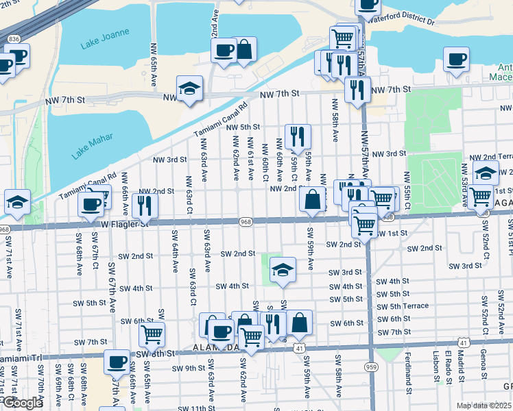 map of restaurants, bars, coffee shops, grocery stores, and more near 65 Northwest 61st Avenue in Miami