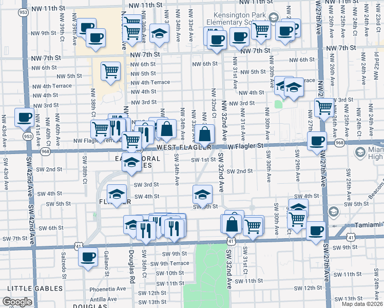 map of restaurants, bars, coffee shops, grocery stores, and more near 10 Southwest 33rd Avenue in Miami