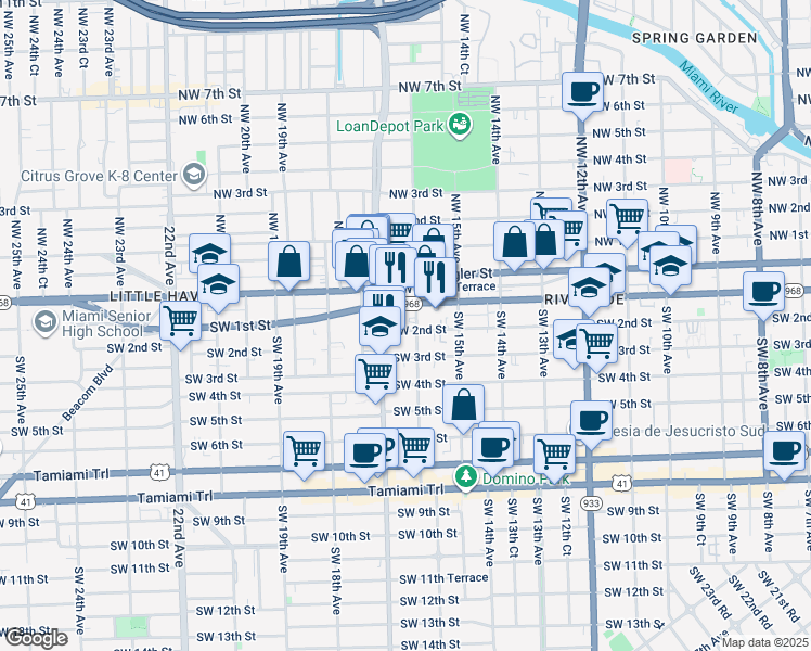map of restaurants, bars, coffee shops, grocery stores, and more near 1619 Southwest 2nd Street in Miami