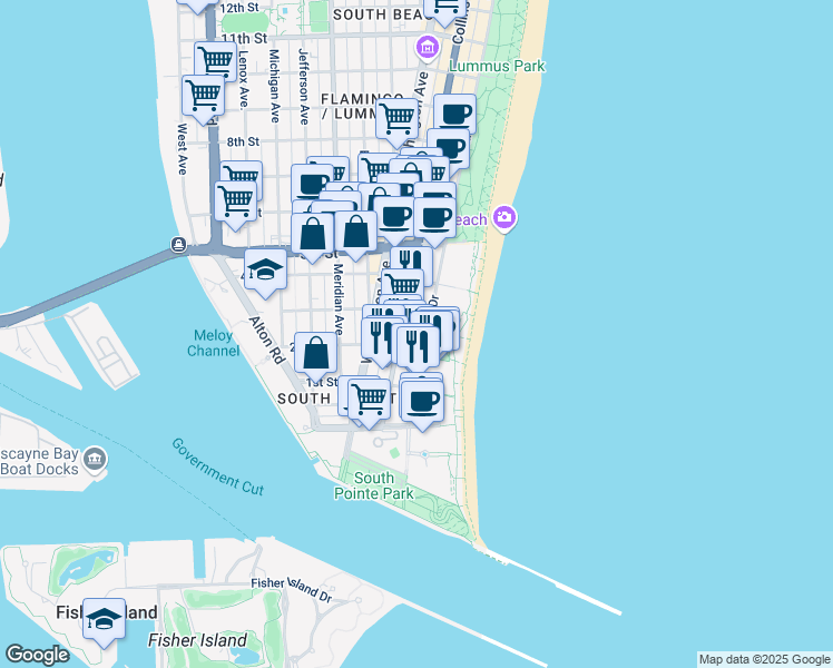 map of restaurants, bars, coffee shops, grocery stores, and more near 226 Ocean Court in Miami Beach
