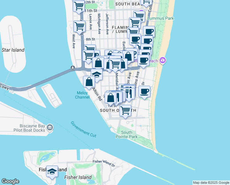 map of restaurants, bars, coffee shops, grocery stores, and more near 220 Meridian Avenue in Miami Beach