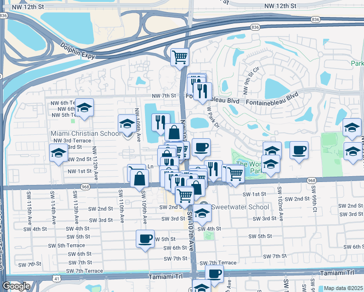 map of restaurants, bars, coffee shops, grocery stores, and more near 260 Northwest 107th Avenue in Miami