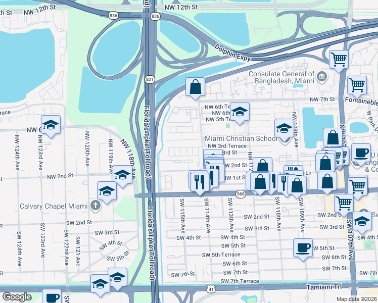 map of restaurants, bars, coffee shops, grocery stores, and more near 372 Northwest 114th Avenue in Miami