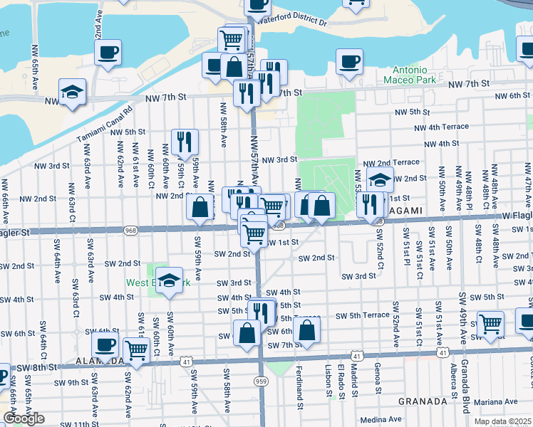 map of restaurants, bars, coffee shops, grocery stores, and more near in Miami