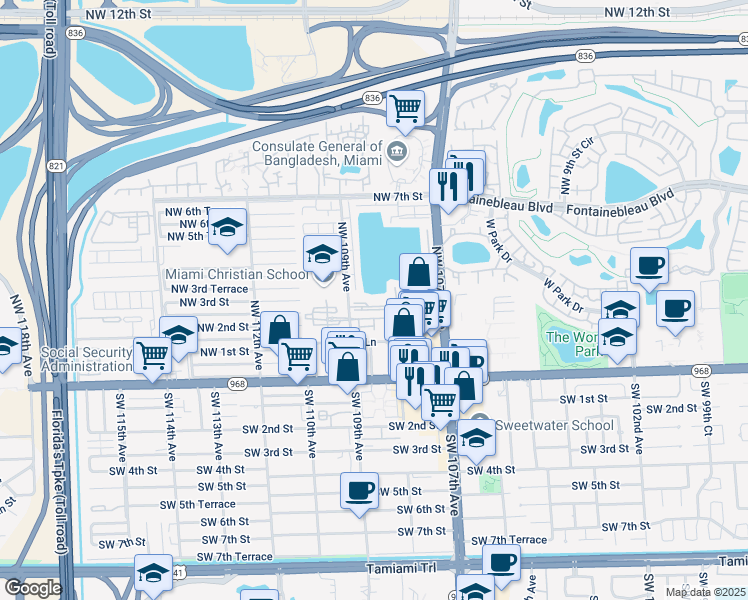 map of restaurants, bars, coffee shops, grocery stores, and more near 315 Northwest 109th Avenue in Miami