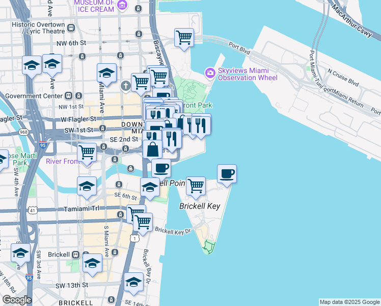 map of restaurants, bars, coffee shops, grocery stores, and more near 405 South Biscayne Boulevard in Miami