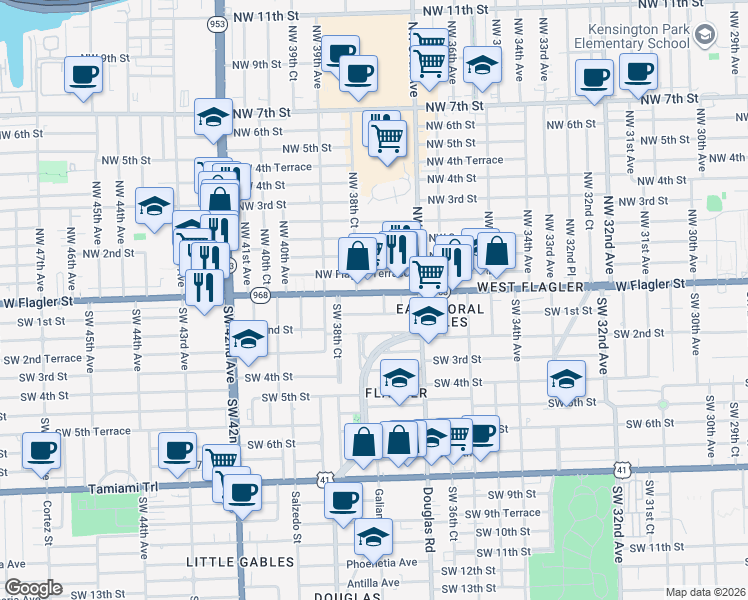 map of restaurants, bars, coffee shops, grocery stores, and more near 3800 Florida 968 in Miami