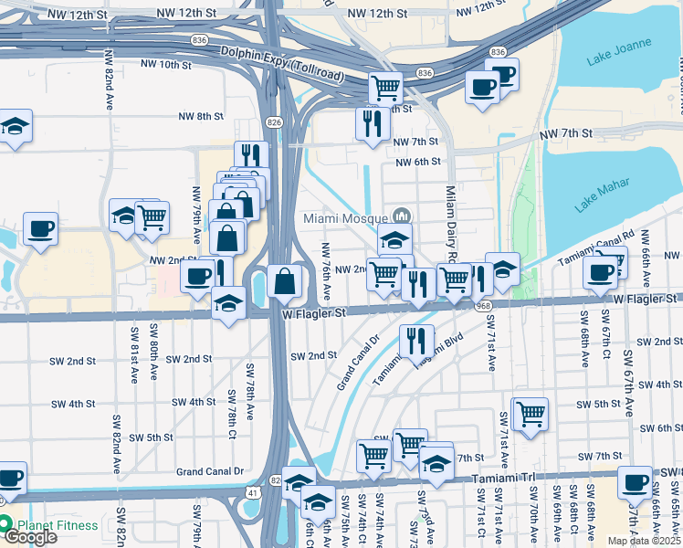 map of restaurants, bars, coffee shops, grocery stores, and more near 7500 Northwest 2nd Street in Miami