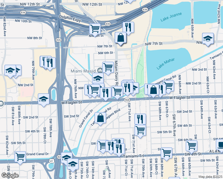 map of restaurants, bars, coffee shops, grocery stores, and more near 70 Northwest Drive in Miami