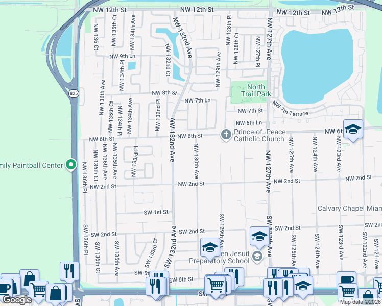 map of restaurants, bars, coffee shops, grocery stores, and more near 450 Northwest 130th Avenue in Miami