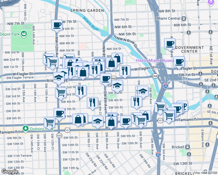 map of restaurants, bars, coffee shops, grocery stores, and more near 728 Southwest 2nd Street in Miami