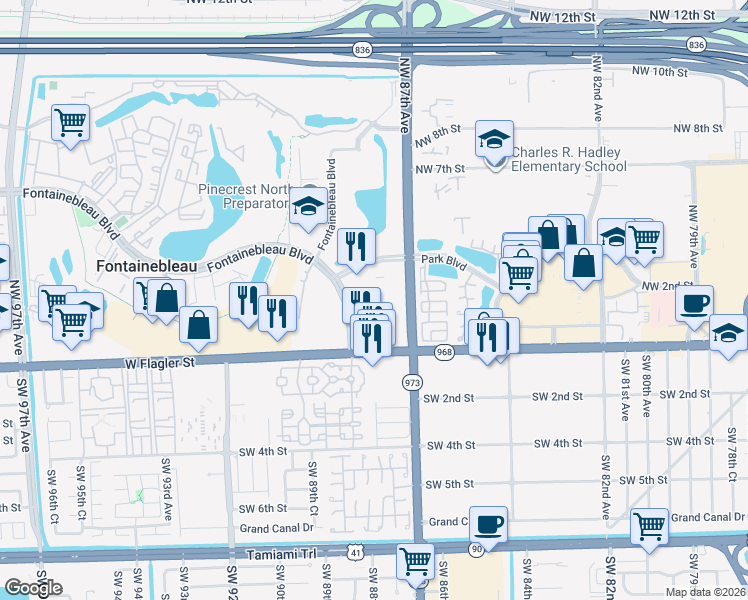 map of restaurants, bars, coffee shops, grocery stores, and more near 175 Fontainebleau Boulevard in Miami