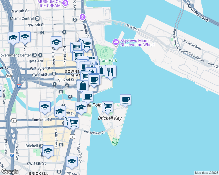 map of restaurants, bars, coffee shops, grocery stores, and more near 335 South Biscayne Boulevard in Miami