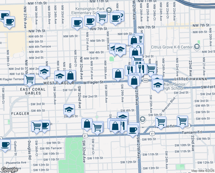map of restaurants, bars, coffee shops, grocery stores, and more near 70 Southwest 30th Avenue in Miami