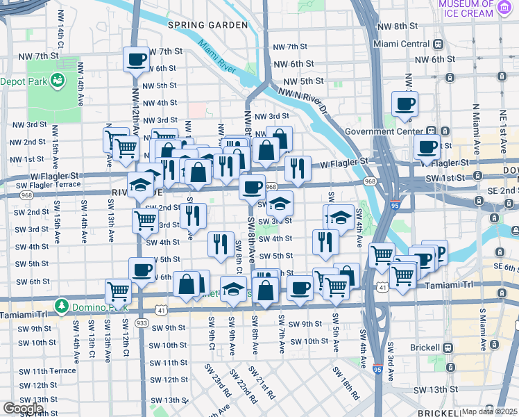 map of restaurants, bars, coffee shops, grocery stores, and more near 728 Southwest 2nd Street in Miami