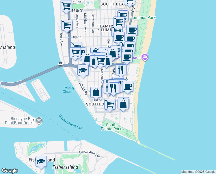 map of restaurants, bars, coffee shops, grocery stores, and more near 220 Washington Avenue in Miami Beach