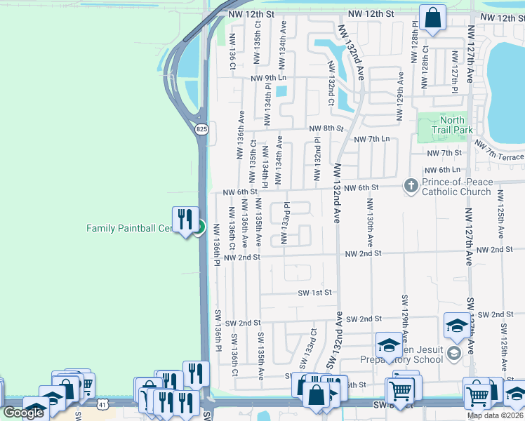 map of restaurants, bars, coffee shops, grocery stores, and more near 461 NW 135th Ave in Miami