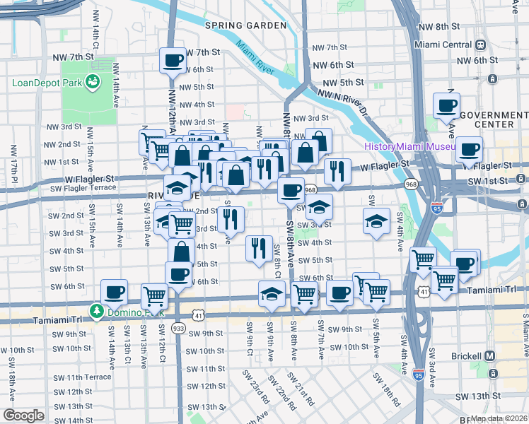 map of restaurants, bars, coffee shops, grocery stores, and more near 902 Southwest 2nd Street in Miami