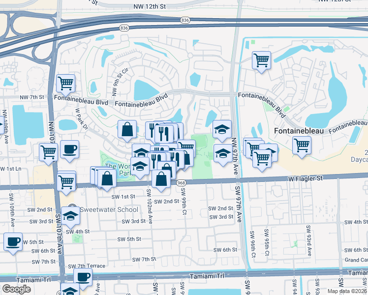 map of restaurants, bars, coffee shops, grocery stores, and more near 9931 West Flagler Street in Miami