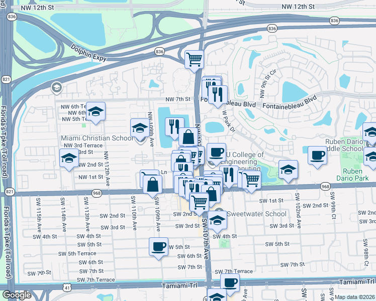 map of restaurants, bars, coffee shops, grocery stores, and more near 260 Northwest 107th Avenue in Miami