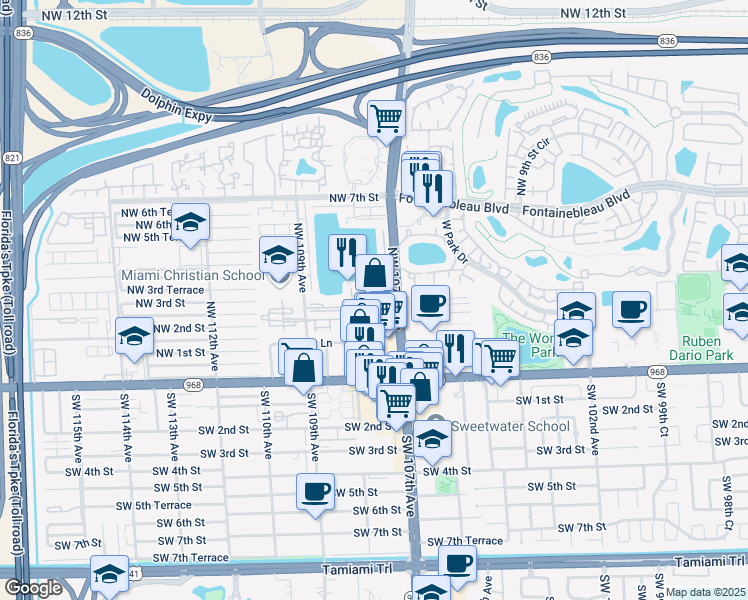 map of restaurants, bars, coffee shops, grocery stores, and more near 260 Northwest 107th Avenue in Miami