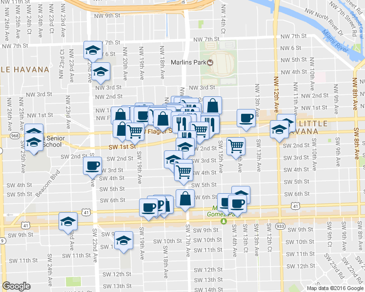map of restaurants, bars, coffee shops, grocery stores, and more near 134 Southwest 17th Avenue in Miami