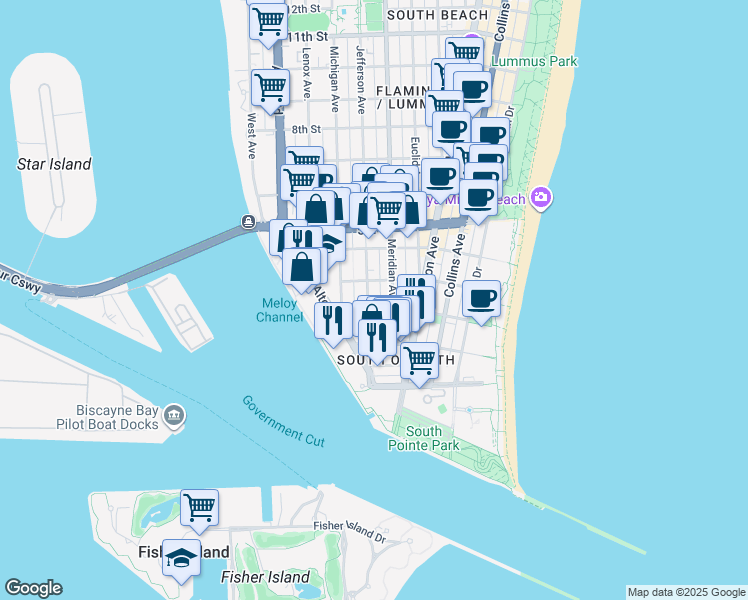 map of restaurants, bars, coffee shops, grocery stores, and more near 226 Jefferson Avenue in Miami Beach