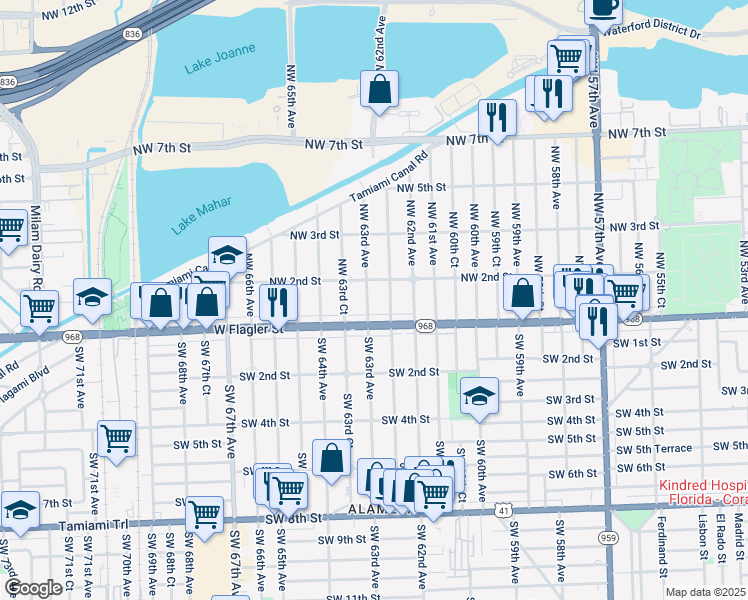 map of restaurants, bars, coffee shops, grocery stores, and more near 55 Northwest 63rd Avenue in Miami
