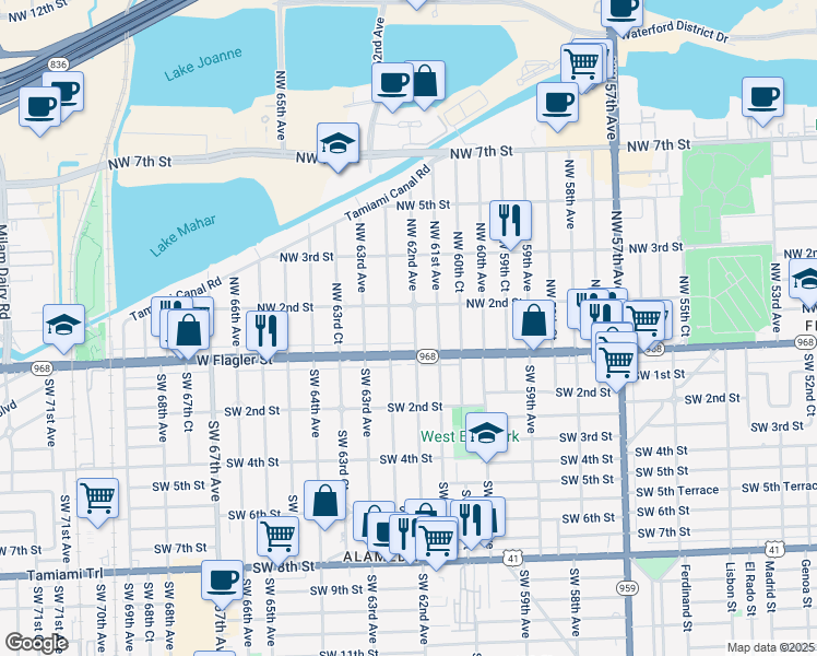 map of restaurants, bars, coffee shops, grocery stores, and more near 80 Northwest 62nd Avenue in Miami