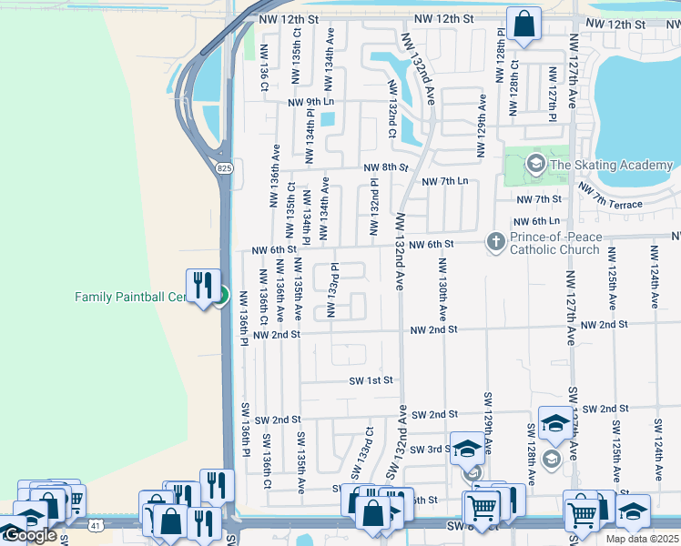 map of restaurants, bars, coffee shops, grocery stores, and more near 13255 Northwest 4th Terrace in Miami