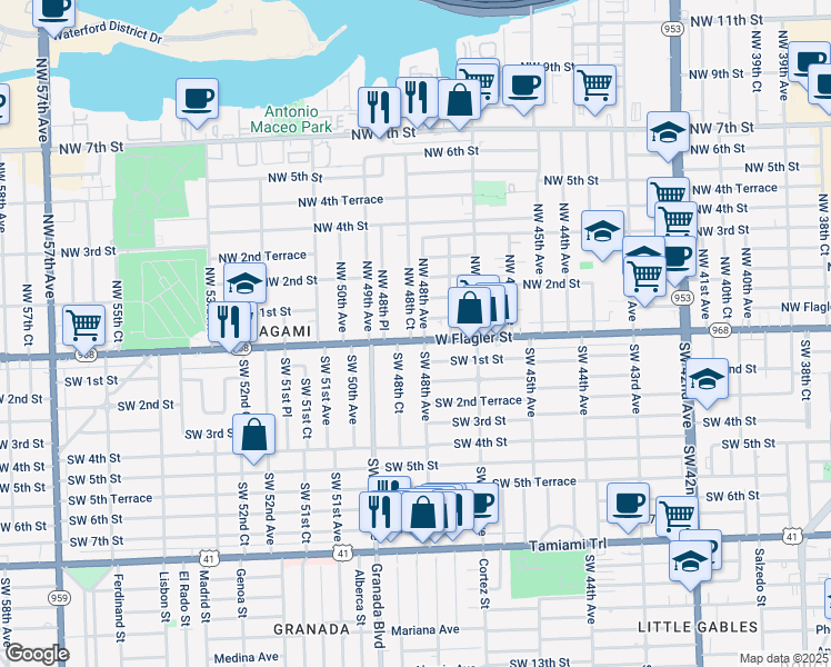 map of restaurants, bars, coffee shops, grocery stores, and more near 3 Northwest 48th Court in Miami