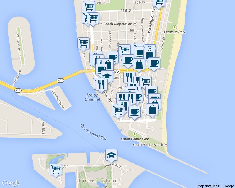 map of restaurants, bars, coffee shops, grocery stores, and more near in Miami Beach