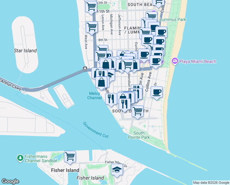 map of restaurants, bars, coffee shops, grocery stores, and more near in Miami Beach