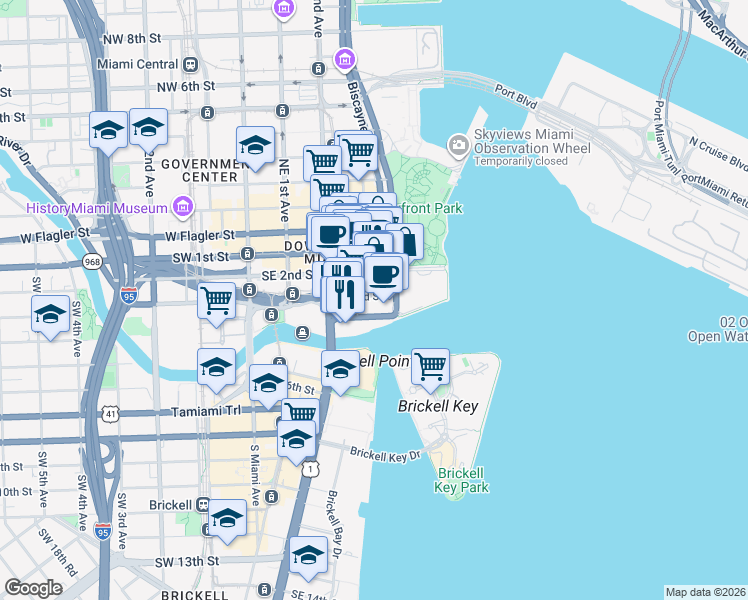 map of restaurants, bars, coffee shops, grocery stores, and more near 300 South Biscayne Boulevard in Miami