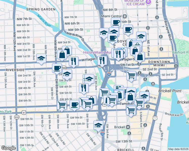map of restaurants, bars, coffee shops, grocery stores, and more near 351 Southwest 4th Avenue in Miami