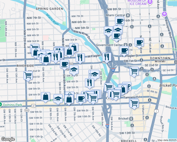 map of restaurants, bars, coffee shops, grocery stores, and more near 536 Southwest 2nd Street in Miami