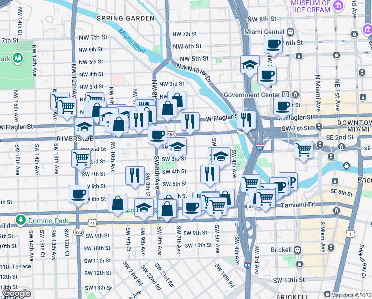 map of restaurants, bars, coffee shops, grocery stores, and more near 634 Southwest 2nd Street in Miami