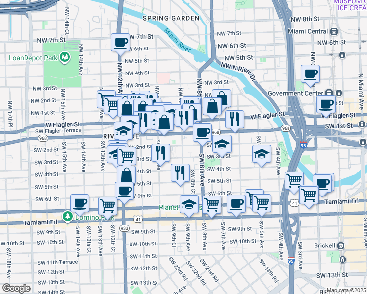map of restaurants, bars, coffee shops, grocery stores, and more near 902 Southwest 2nd Street in Miami