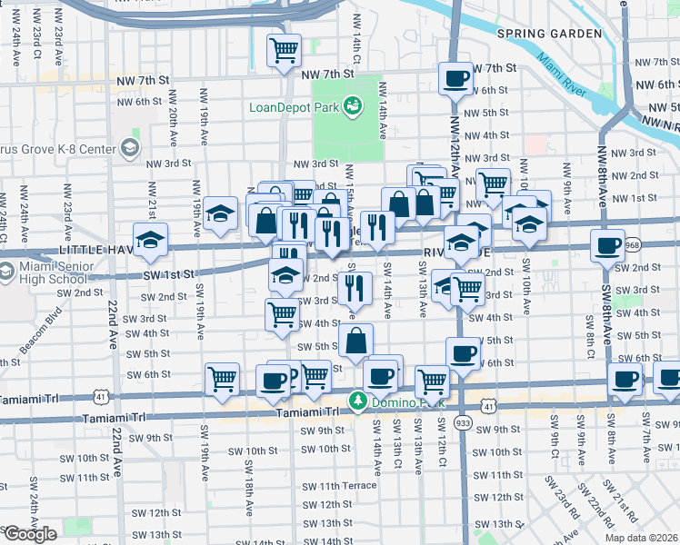 map of restaurants, bars, coffee shops, grocery stores, and more near 1521 Southwest 2nd Street in Miami