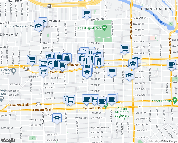 map of restaurants, bars, coffee shops, grocery stores, and more near 134 Southwest 17th Avenue in Miami