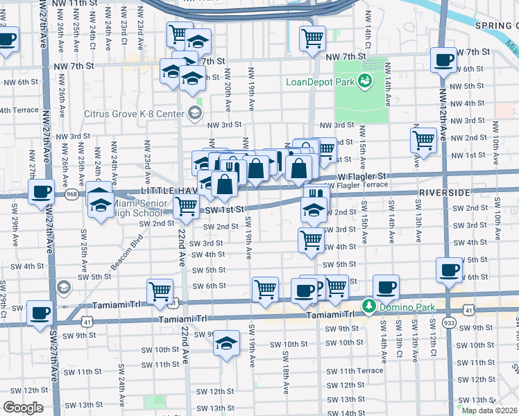 map of restaurants, bars, coffee shops, grocery stores, and more near 1852 Southwest 1st Street in Miami