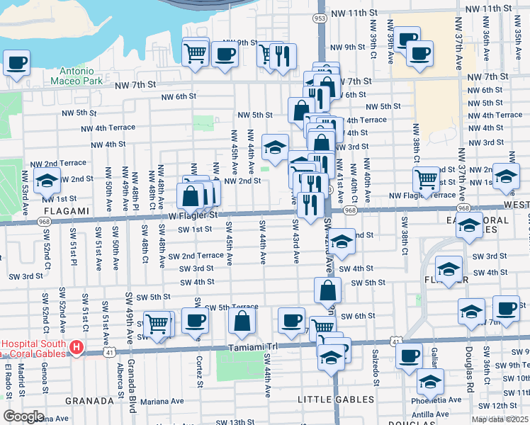 map of restaurants, bars, coffee shops, grocery stores, and more near 4410 Florida 968 in Miami