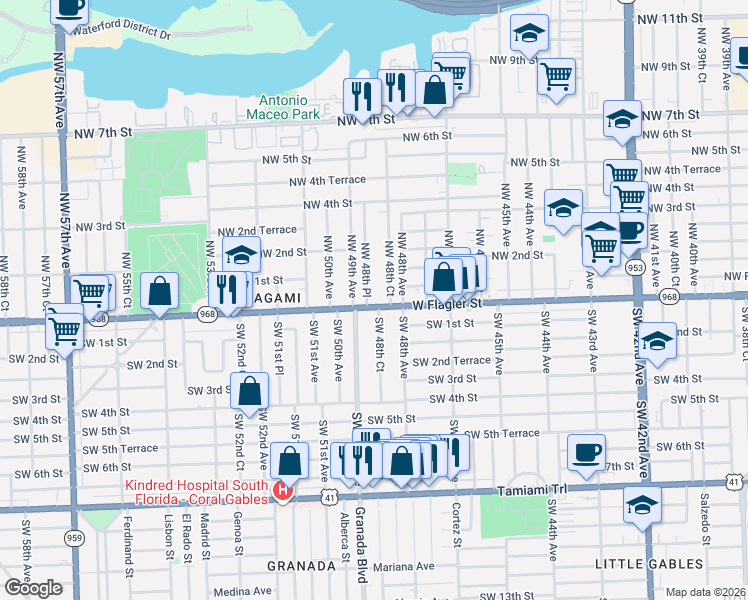 map of restaurants, bars, coffee shops, grocery stores, and more near 10 Northwest 48th Place in Miami