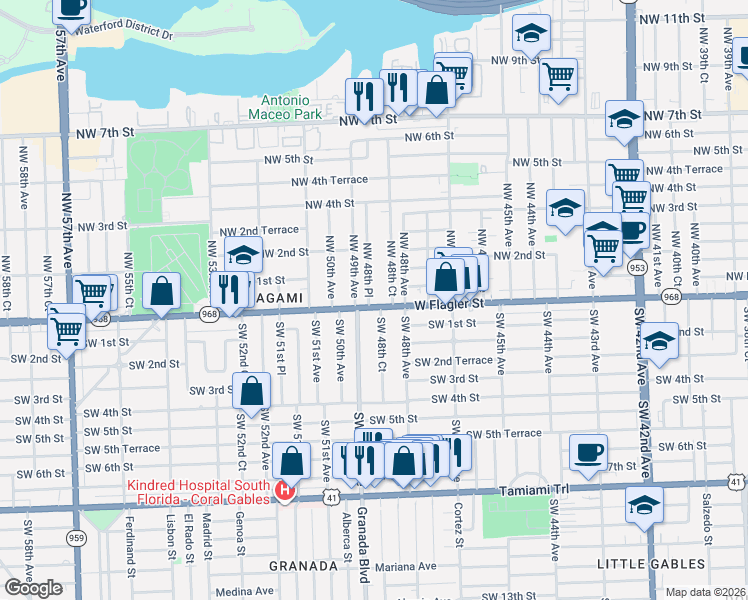 map of restaurants, bars, coffee shops, grocery stores, and more near 10 Northwest 48th Place in Miami